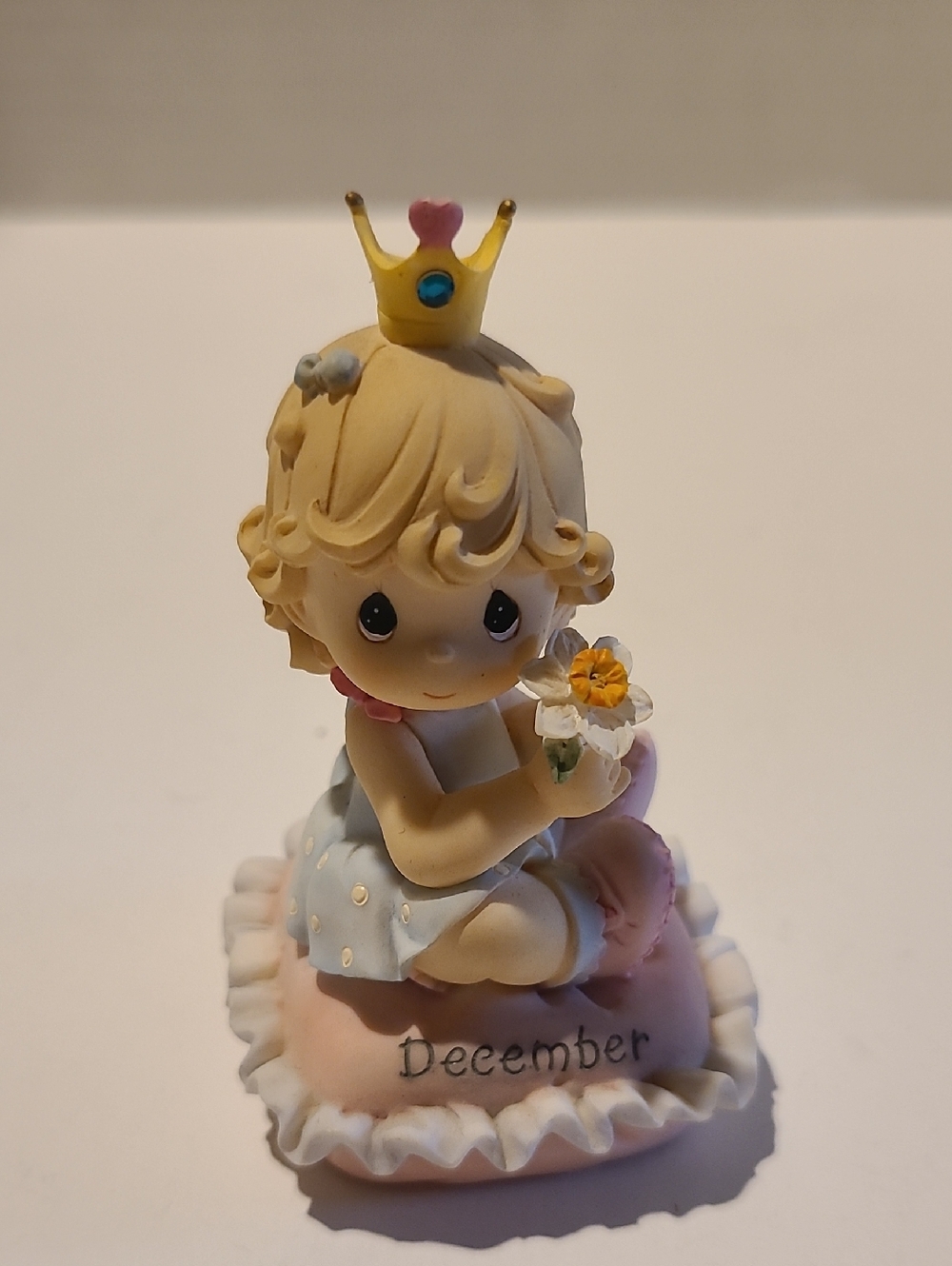 Precious Moments December Figurine in Pastel Pink, Light Blue & Yellow Crown